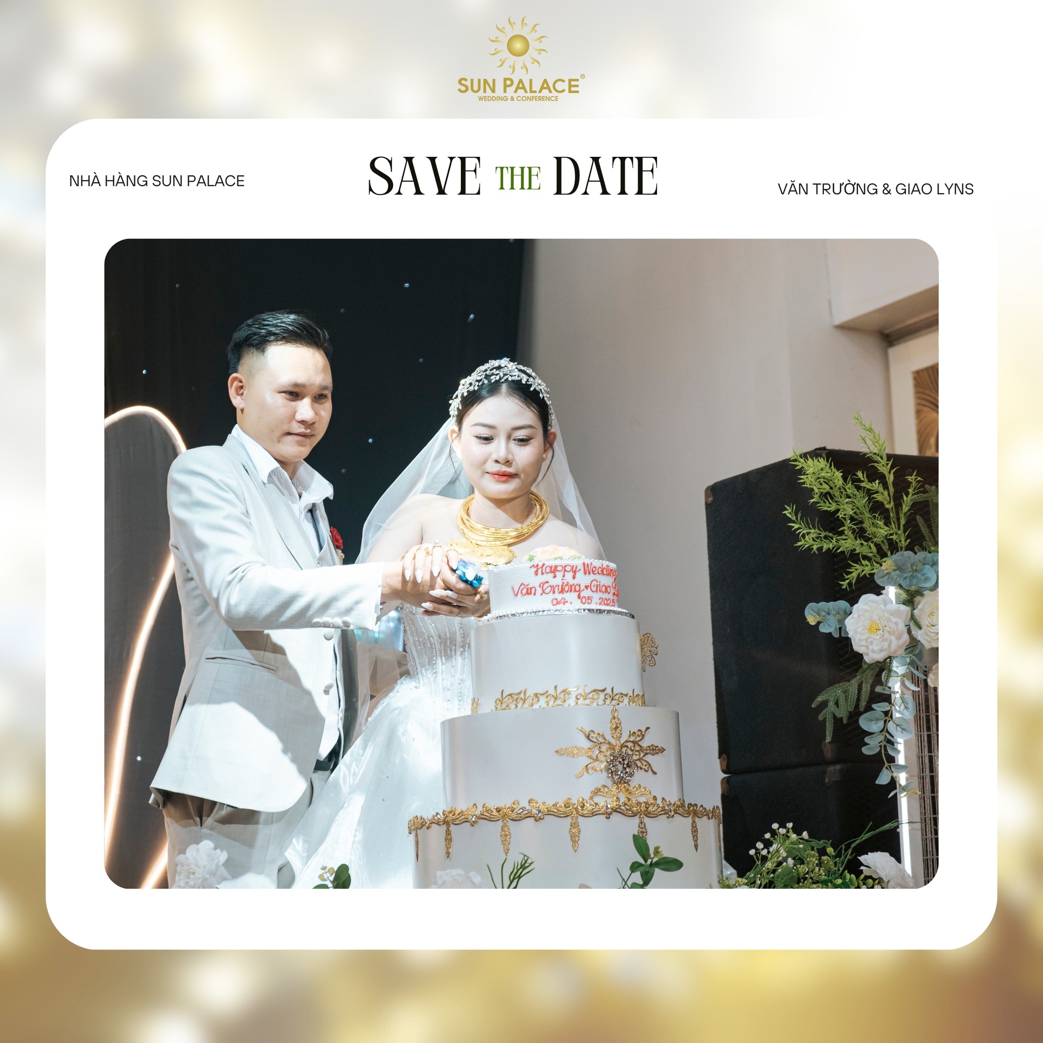 Cô dâu và chú rể cùng nhau cắt bánh cưới, ghi dấu khoảnh khắc thiêng liêng trong ngày trọng đại tại Sun Palace
