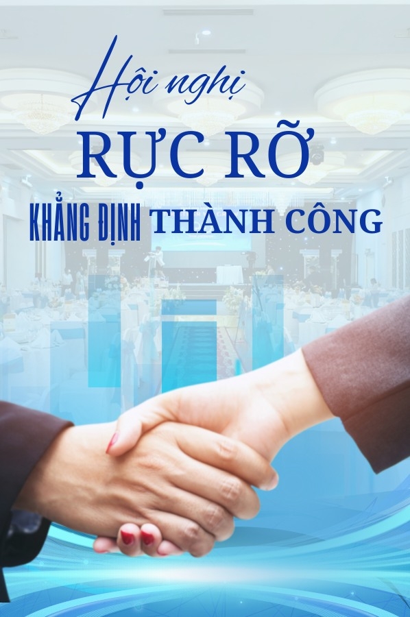 Banner quảng bá sự kiện hội nghị tại Sun Palace, với hình ảnh bắt tay biểu trưng cho sự hợp tác thành công